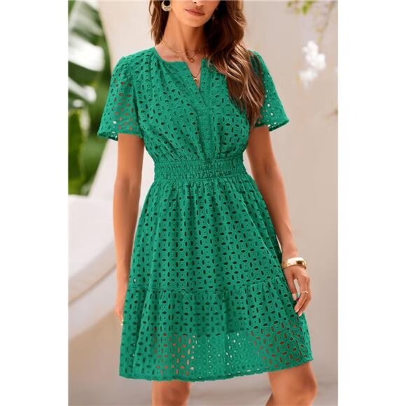 Women Short Dress V Neck Green - Picture 4 of 6